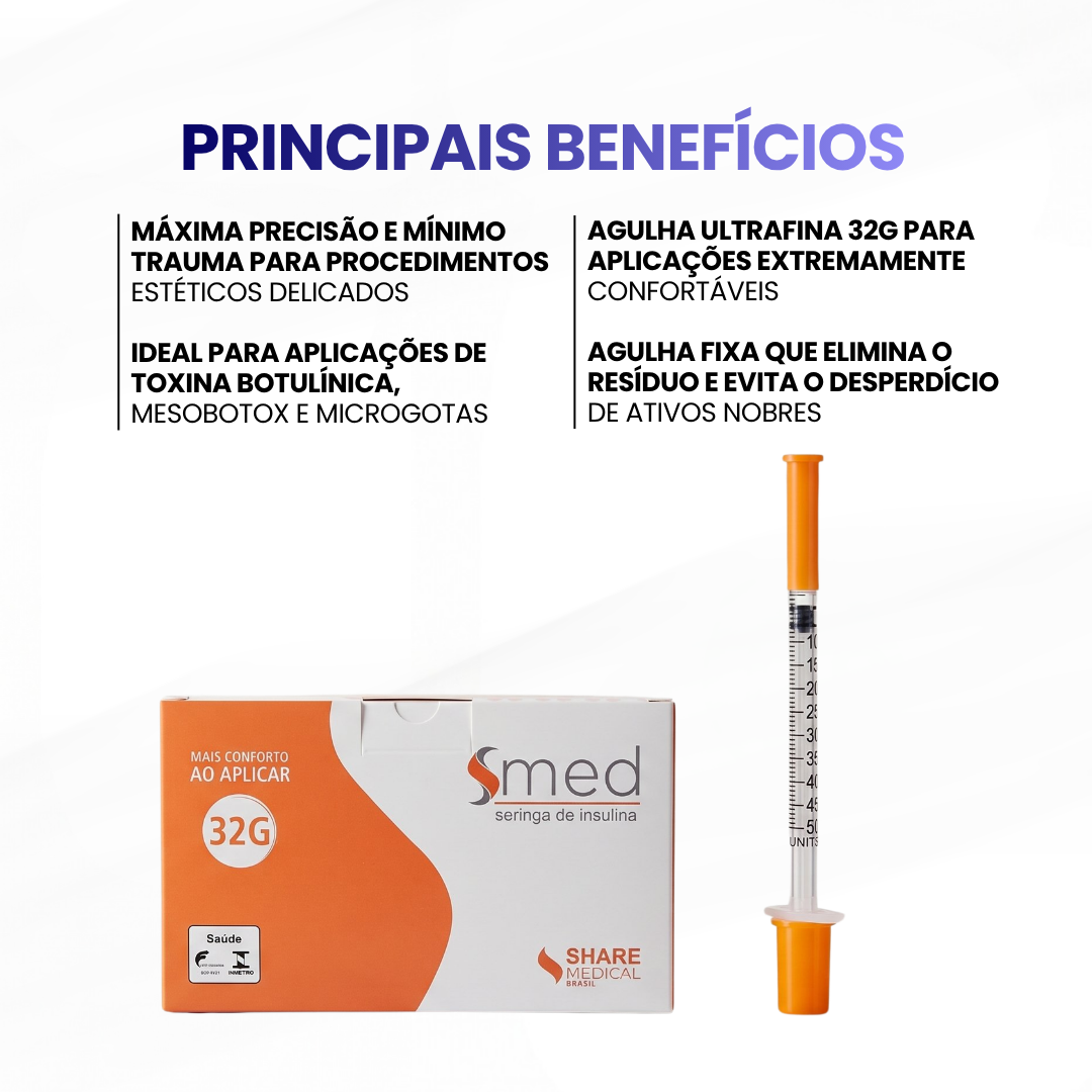 Caixa de Seringa de Insulina SHARE MEDICAL - 0,5mL (c/ Agulha fixa) 32gx6mm  Escala 1 em 1 - Caixa c/100 unidades - imagem 2