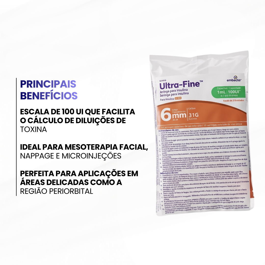 Pacote de seringa de Insulina Ultra Fine EMBECTA  - 1mL - 100ui - 31G - 6mm (escala de 2 unidades) 10un - imagem 3
