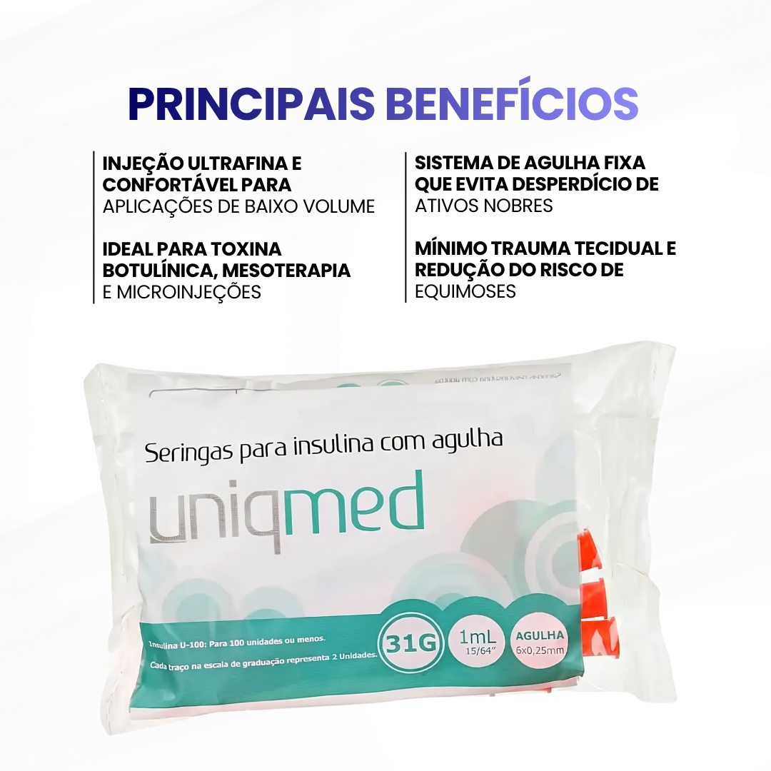 Pacote de Seringa p/ insulina - 1mL -  6mm x 0,25mm -  31g -  escala 2/2 - Uniqmed (10 Unidades) - imagem 2